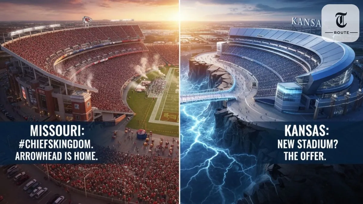 Arrowhead Stadium with question mark overlay "Moving to Kansas?"