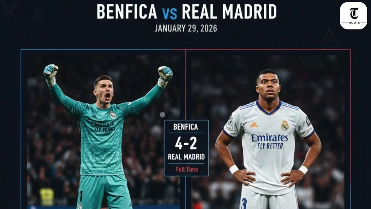 Benfica beats Real Madrid 4-2 in UCL Jan 29 2026. Schjelderup brace, Trubin GK goal shocks Mbappe's 2 goals. Real Madrid drops to playoffs. Full goals standings.