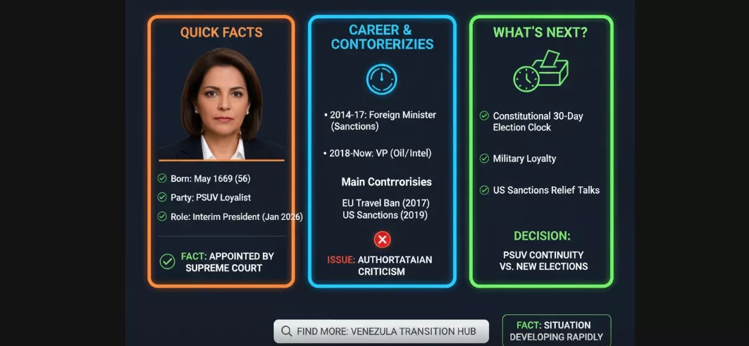 Delcy Rodríguez assumed interim presidential powers January 2026.