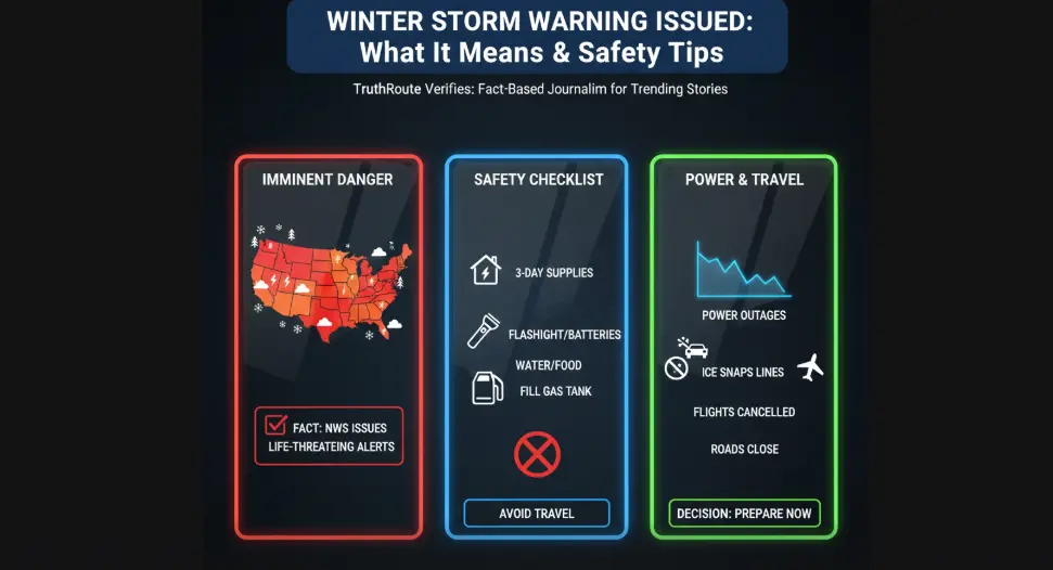 Current winter storm warning map showing affected US regions and safety precautions