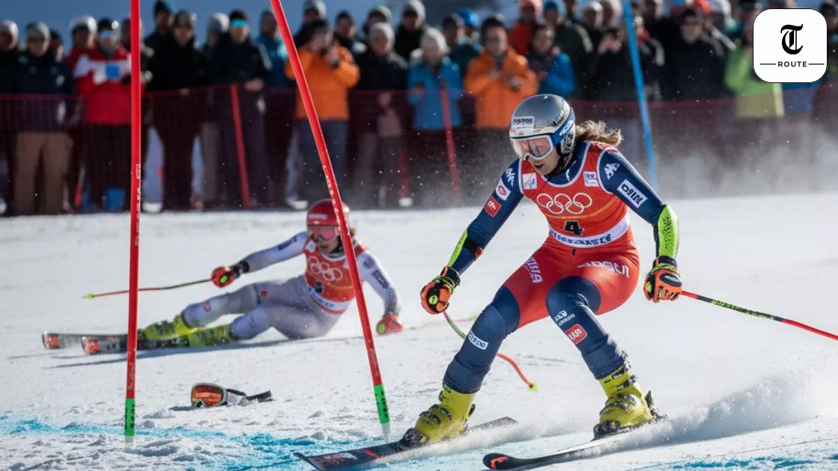 Skier losing balance on an icy turn at Olympia delle Tofane course.