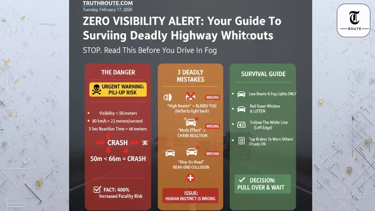 Cars driving into dangerous zero visibility fog on the highway.