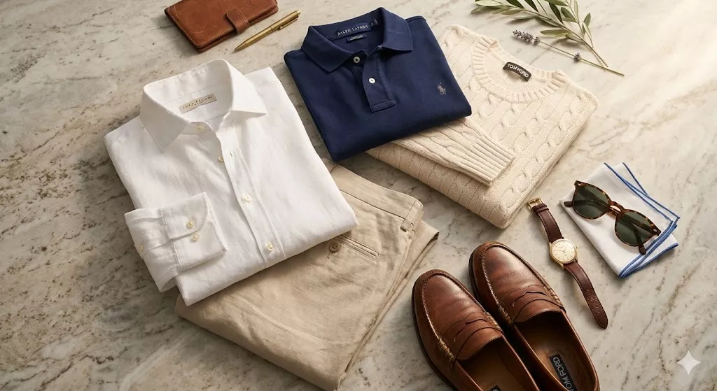 Old money style essentials for men spring summer 2026 including linen shirt loafers polo sweater and classic watch